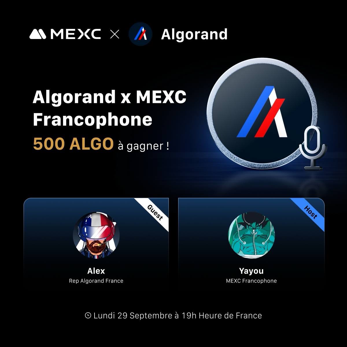 Rejoignez-nous Lundi prochain à 19 FR pour un Space avec Alex, représentant d’Algorand France 🇫🇷

Ensemble, nous aborderons plusieurs sujets dont Algoland, n’hésitez donc pas à préparer vos questions ! 

500 $ALGO seront aussi offerts aux participants 🚀