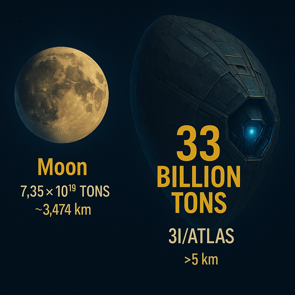 🚨 3I/ATLAS is anomalously massive 🚨

Fresh data suggests it weighs at least 33 billion tons with a nucleus over 5 km wide. To put that in perspective:

Earth’s Moon: ~7.35 × 10¹⁹ tons, ~3,474 km across

3I/ATLAS: ≥33 × 10⁹ tons, &gt;5 km across

That makes 3I/ATLAS about 2