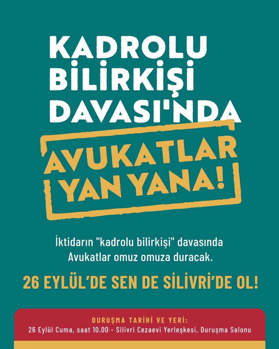 26 Eylül Cuma günü (Yarın) saat 10.00’da Silivri’de, Ekrem İmamoğlu’nun “bilirkişi”ceza davasının duruşması görülecektir. 

Tüm avukat meslektaşlarımızı, bu tarihi ana tanıklık etmek için Silivri’ye bekliyoruz.