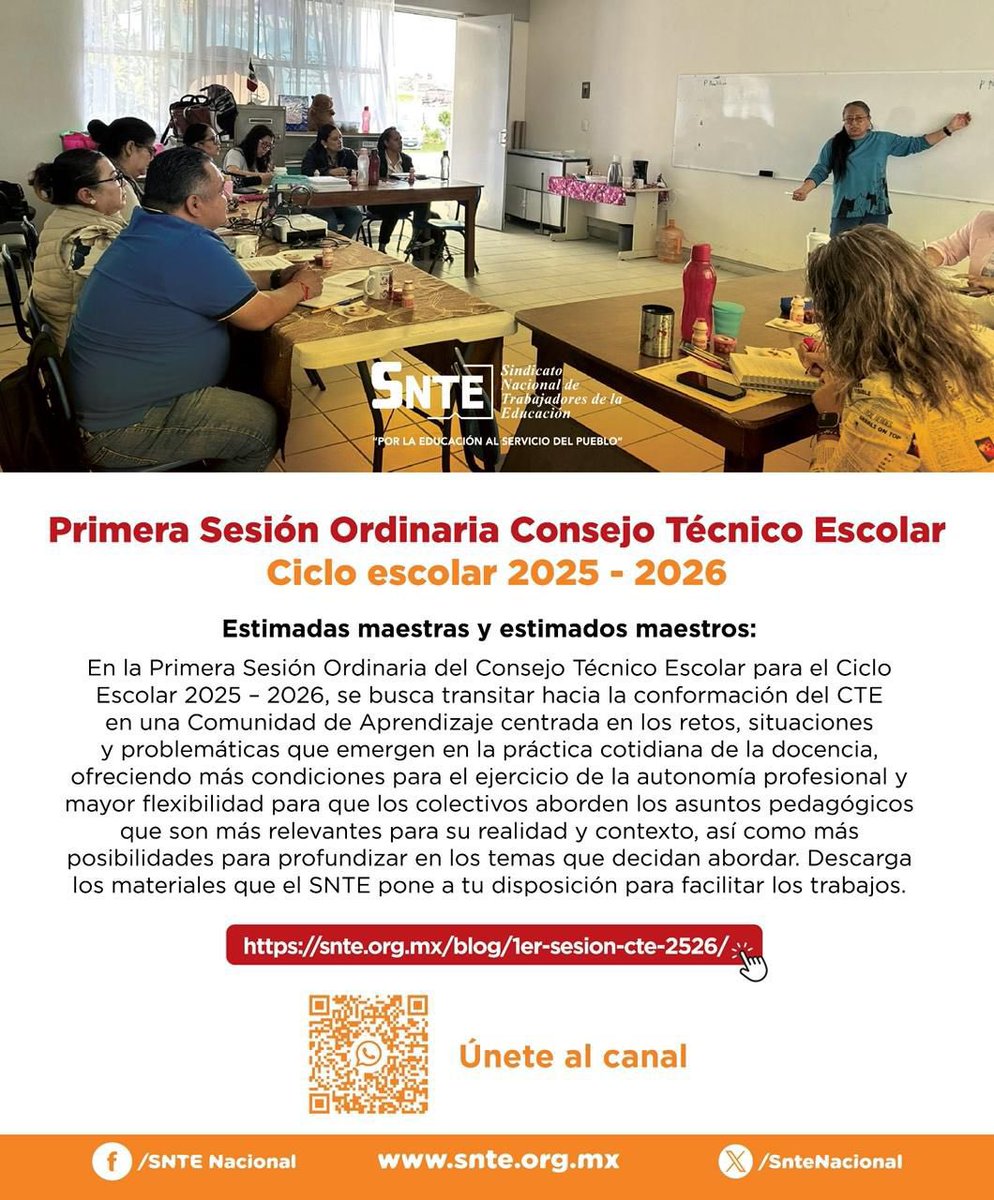 📢 ¡Aviso importante!

👩🏻‍🏫👨🏻‍🏫 Primera Sesión Ordinaria Consejo Técnico Escolar 2025-2026, les compartimos los materiales que el SNTE pone a tu disposición para facilitar los trabajos. snte.org.mx/blog/ler-sesio…