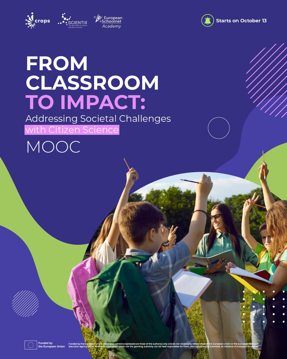 🤔Want to prepare your students to take part in research on climate, oceans or cancer?
The #cropsCSMOOC by @cropscs and @Scientix_EU helps teachers like you connect everyday lessons with #EUMissions &amp; #CitizenScience !🧑‍🔬♻️
📣Starts Oct 13!
Register here 🔗 bit.ly/cropsCSMOOC