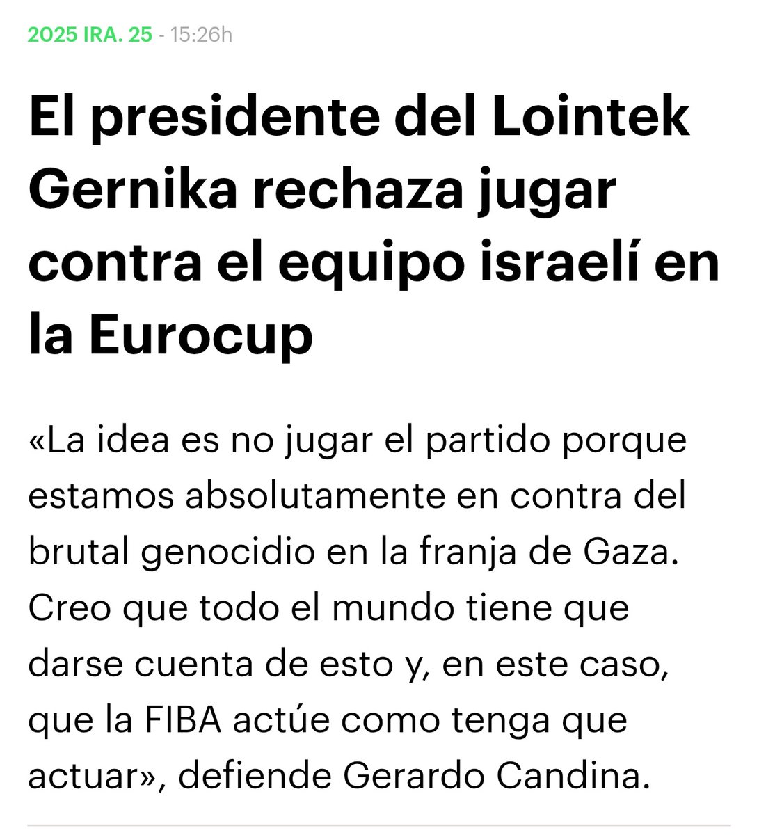 🇵🇸| Lointek Gernikak (<a href="/GKesb/">Lointek Gernika Bizkaia</a>) gauza asko egin ditu gaizki, batez ere Mario Lopez entrenatzailearen sexu gehiegikerien kasuan, baina honetan behintzat asmatu du. 

Israeli boikota egin behar zaio arlo guztietan, herrialde paria bihurtzeraino. 

#StopGazaGenocide‌NOW 👇🏼