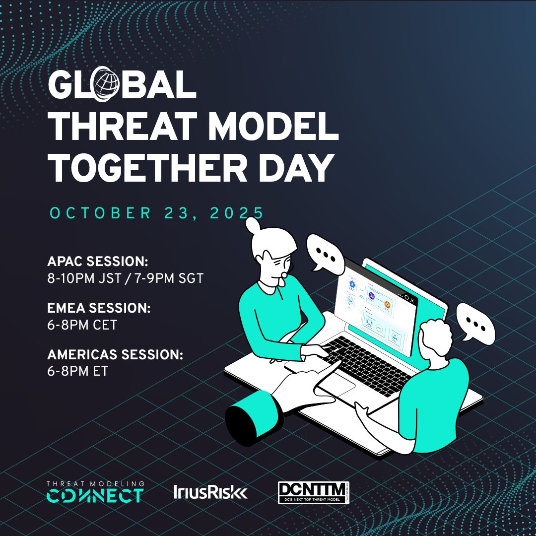 🥁 Announcing TMC’s first Global Threat Model Together Day!

Join fellow TMC members on Oct 23 for learning, collaboration, and a DEFCON-level threat modeling challenge with peers across the globe.

Register now 👉hubs.ly/Q03KVsN90