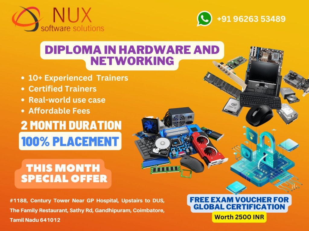 NuxSoftware's tweet image. 💻🔧 Launch your IT career with our Diploma in Computer Hardware & Networking in Coimbatore! Learn PC assembly, troubleshooting, LAN/WAN setup & more. 🚀
#NetworkingCourse #HardwareAndNetworking #ITCareers #CoimbatoreTech
