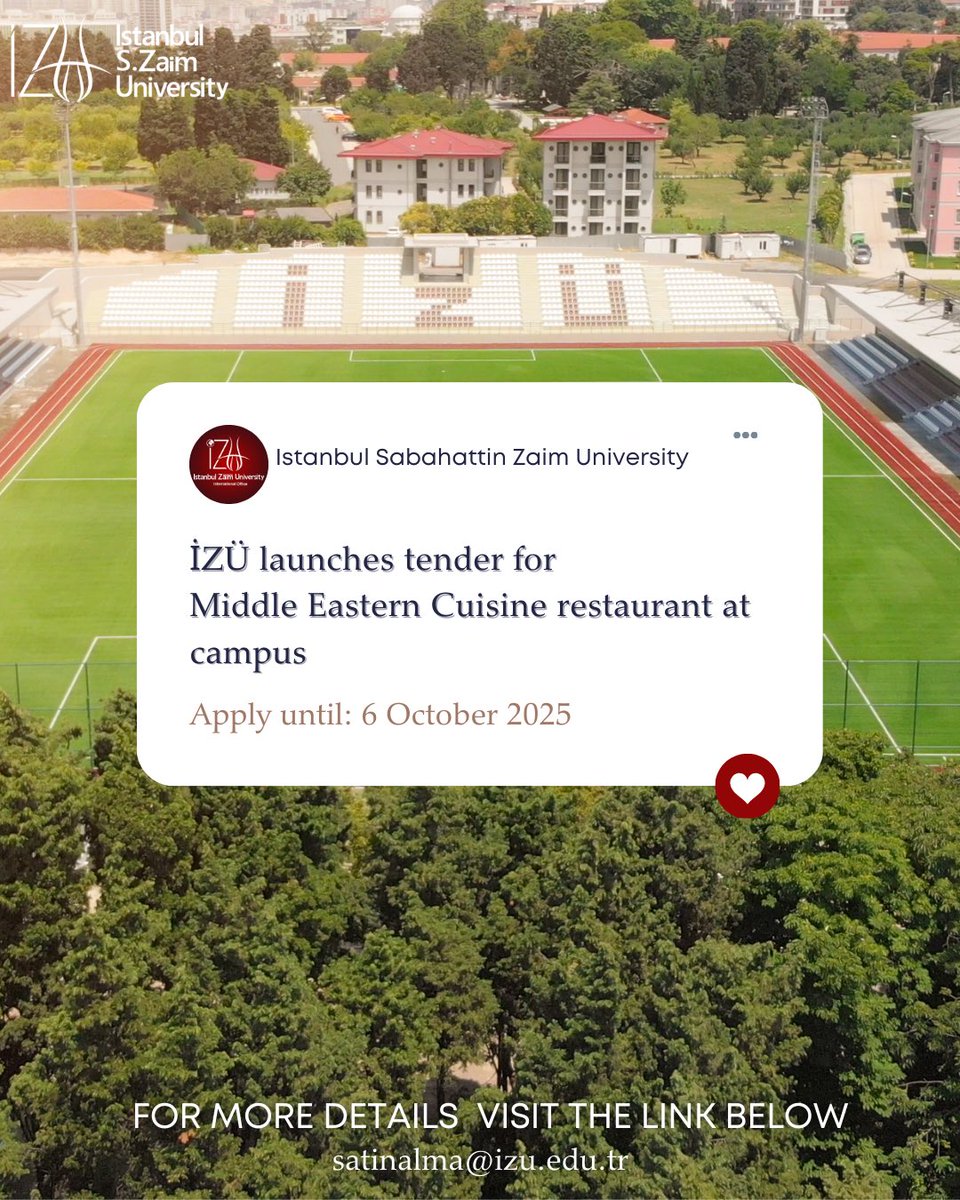 خبر هام من جامعة إسطنبول صباح الدين زعيم!
تقدّم الجامعة فرصة مميّزة لتشغيل مطعم للمأكولات الشرقية داخل الحرم الجامعي

IZU offers a Middle Eastern Cuisine Restaurant on our campus.
 

İZÜ’de 
 Ortadoğu Mutfağı Restoranı işletme imkânı sizi bekliyor. goo.su/0xaMT