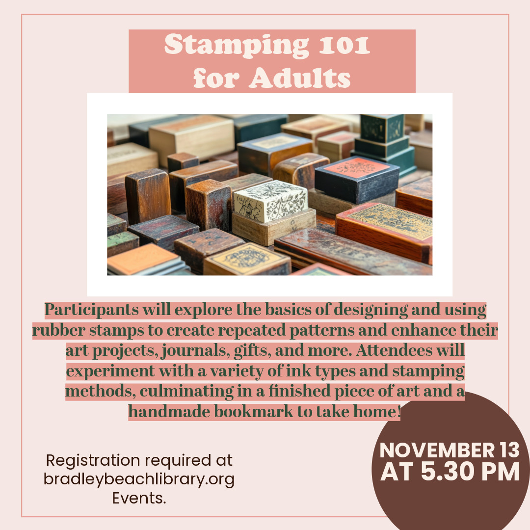 Registration required, begins Oct 13. engagedpatrons.org/EventsExtended…

Participants will explore the basics of designing and using rubber stamps to create repeated patterns and enhance their art projects, journals, gifts, and more. Adults and teens ages 16+ are welcome to participate.