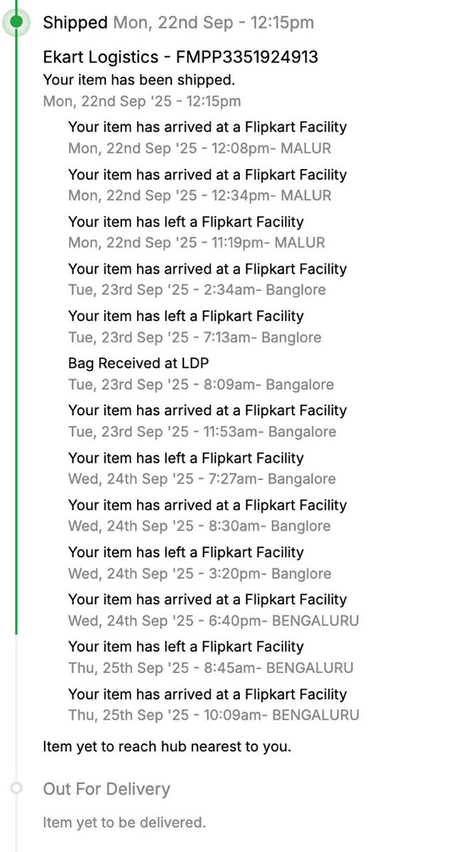 I think the package is stuck in BLR traffic but why is it moving among Banglore, Bangalore, Bengaluru? 😂 
Did it reach correct Bengaluru now <a href="/flipkartsupport/">FlipkartSupport</a>  <a href="/Flipkart/">Flipkart</a> ?
