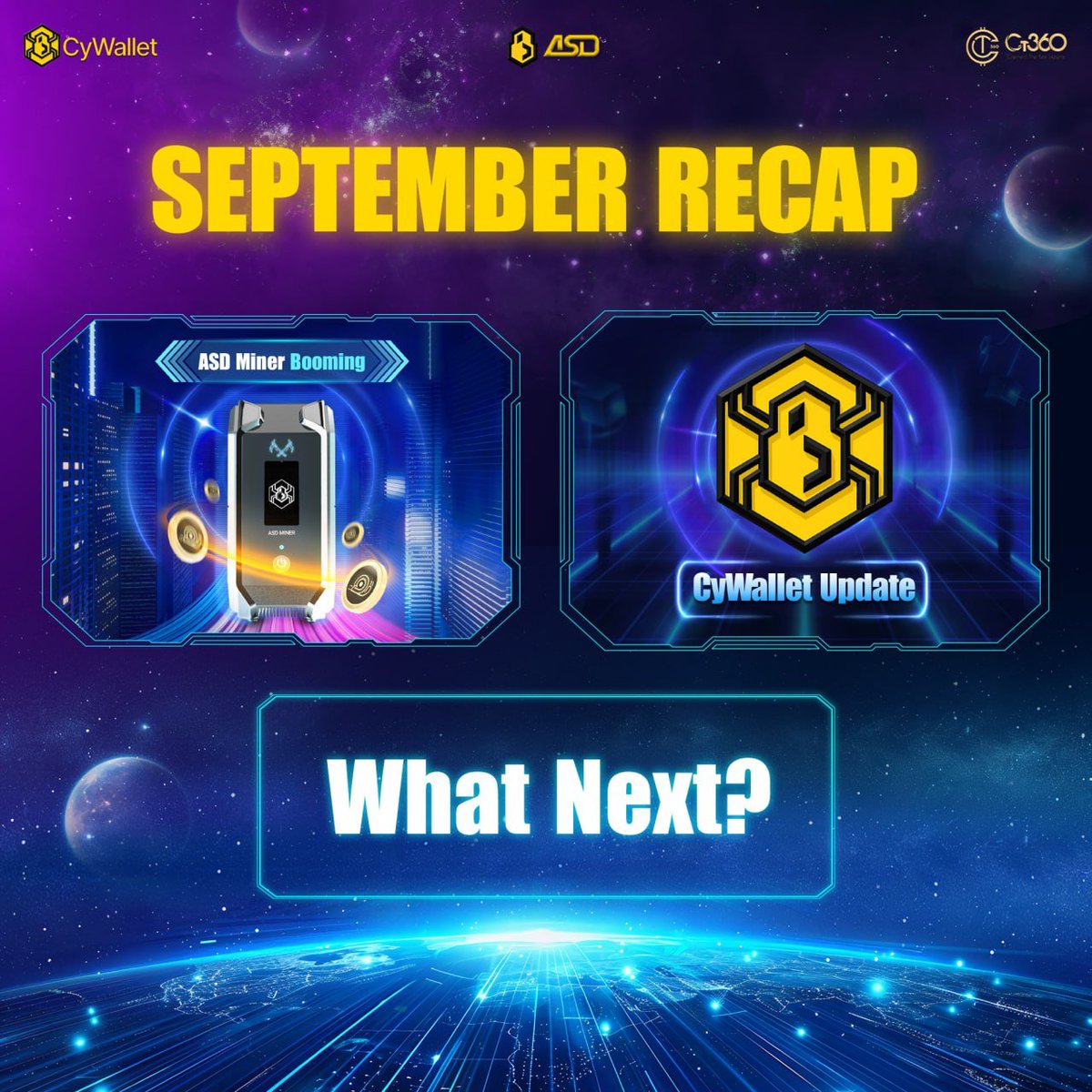 SRealCodes's tweet photo. 📊 September Recap: ASD Miner booming, CyWallet upgrades! What's next? @CT360_Project 🌟 
#CT360 #Web3 https://t.co/lfTD33xp4I