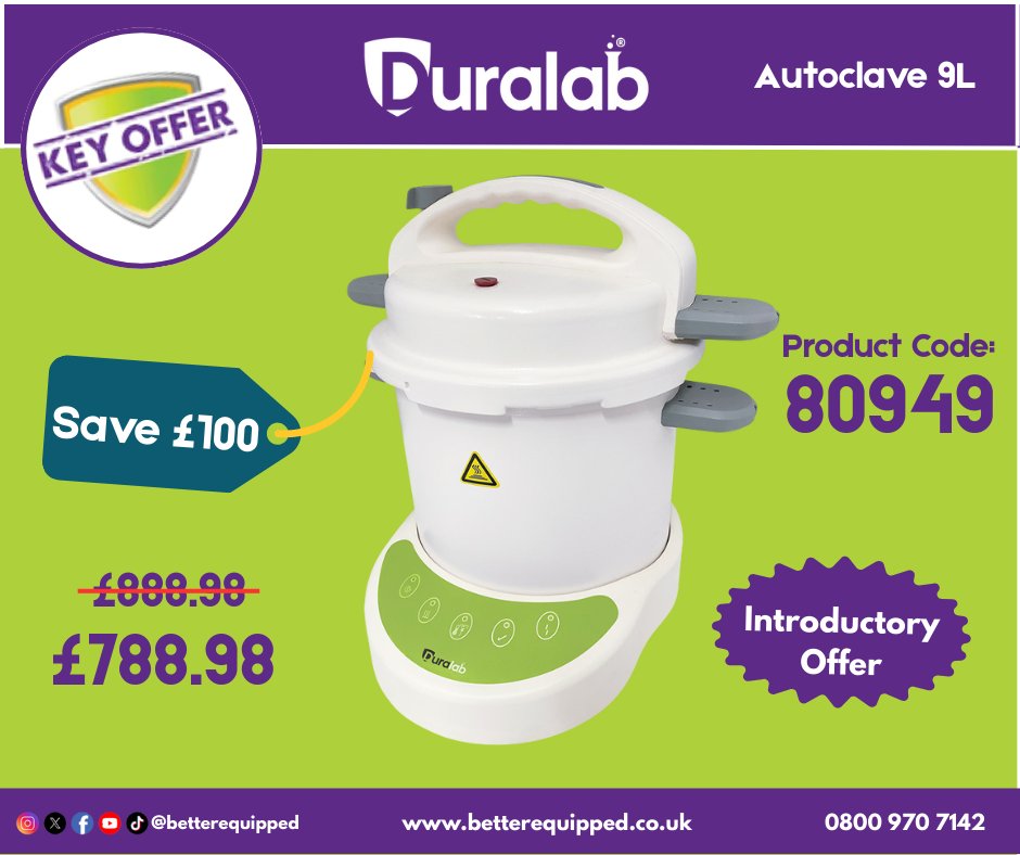 September Key Offer 🚨
Save £100 on the DuraLab DA-110 9L Autoclave!
Now just £788.98 (was £888.98).

✅ Compact, bench-top design
✅ One-touch operation
✅ 22-min cycle times
✅ Perfect for labs &amp; education