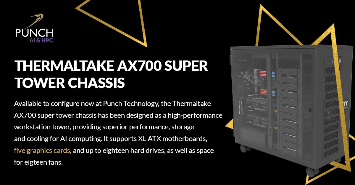 The Thermaltake AX700 Super tower chassis is now available to configure at Punch Technology.

⭕ Supports XL-ATX motherboards
⭕ Cooling capacity of up to eighteen 120mm fans
⭕ Up to eighteen hard drives
⭕ Space for up to five 2-slot graphics cards

➡️punchtechnology.co.uk