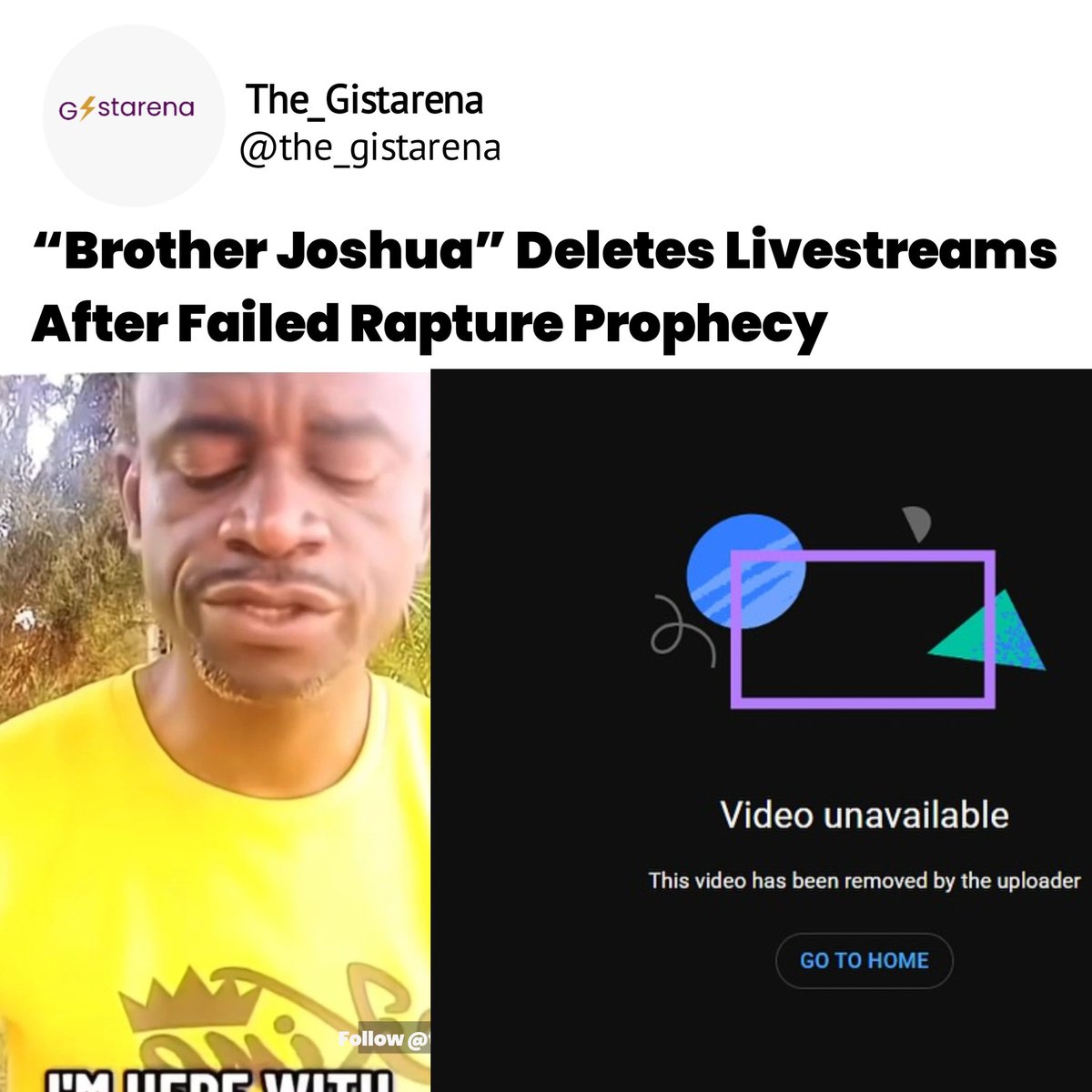 the_gistarena's tweet photo. The self-styled prophet who predicted the September 23/24 rapture, Brother Joshua, has reportedly deleted his livestreams from yesterday.
Follow @the_gistarena to stay up-to-date
#Rapture2025 #Rapture #prophecyfail #brotherjoshua #September23 #the_gistarena https://t.co/VLO8hl3Vx0