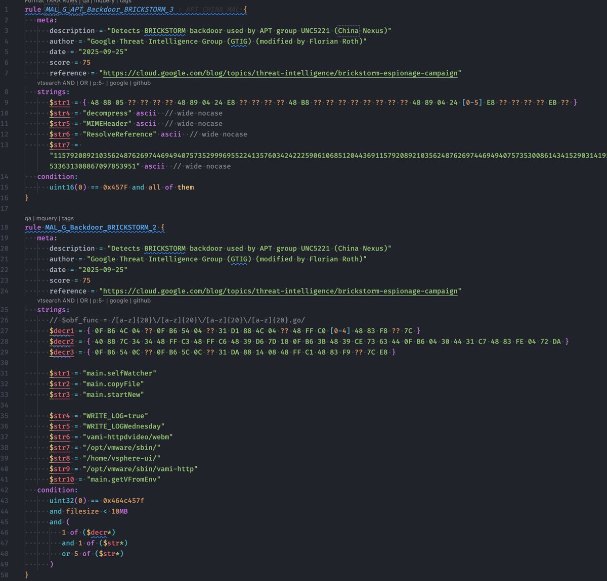 cyb3rops's tweet image. Reworked and tweaked YARA rules from Google's great report on BRICKSTORM malware activity

- removed unneeded regex usage 
- specified encoding whenever it was clear (ascii wide -&amp;gt; ascii)
- removed nocase modifier
- reduced rule with 50+ function names
- added meta data with…