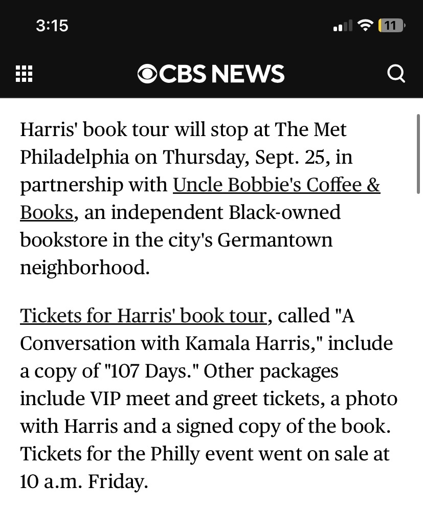 Harris is bringing this repugnant reputation laundering and self enrichment tour to Philly tonight and somehow the fact that <a href="/marclamonthill/">Marc Lamont Hill</a> ‘s bookstore Uncle Bobbie’s is co-hosting the event has escaped public scrutiny? WHY