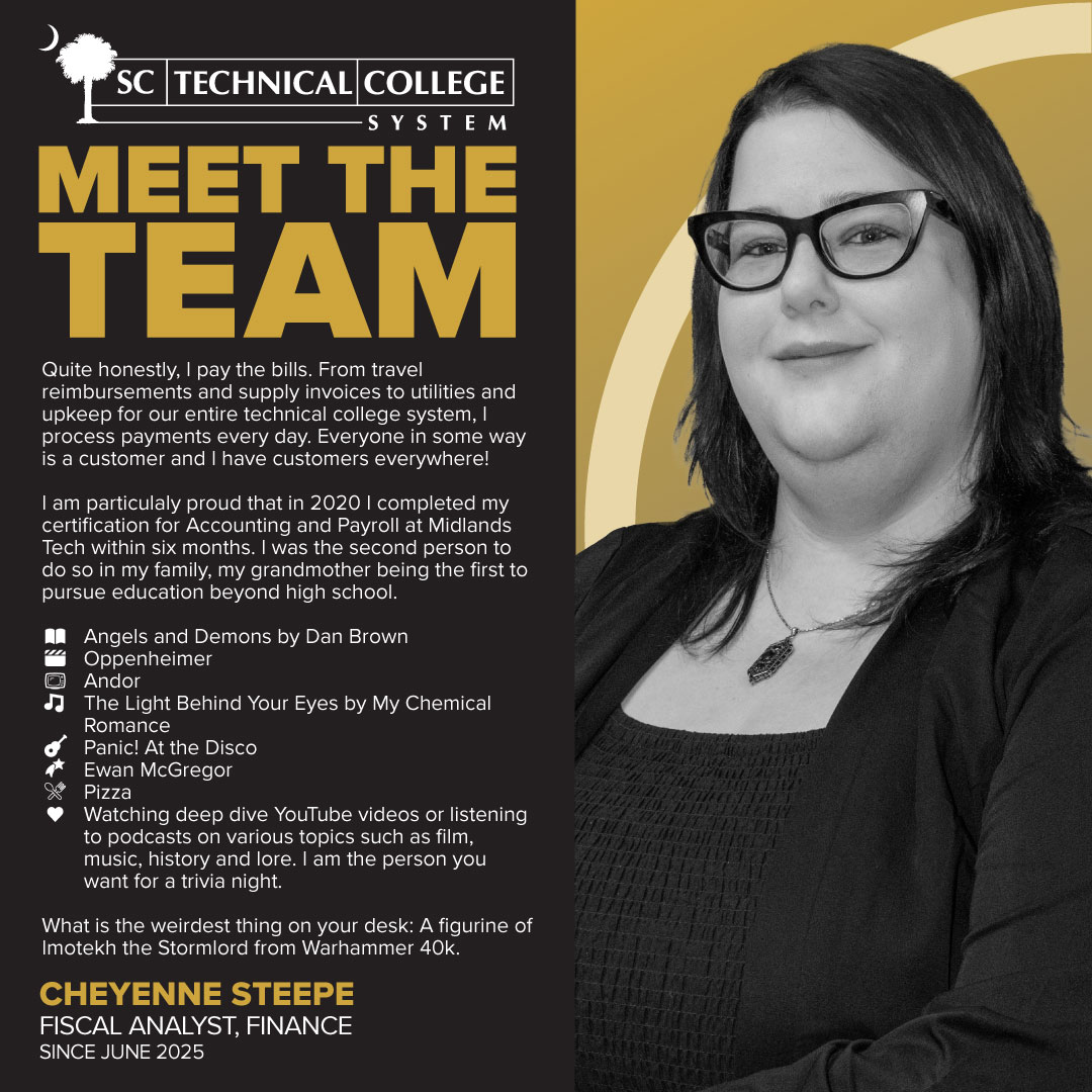 SCTechSystem's tweet image. It’s our people who set us apart. Meet the talented team ensuring affordable, accessible, and relevant career and technical education for all South Carolinians!

Presenting Finance Fiscal Analyst, Cheyenne Steepe.

#MeetTheTeam