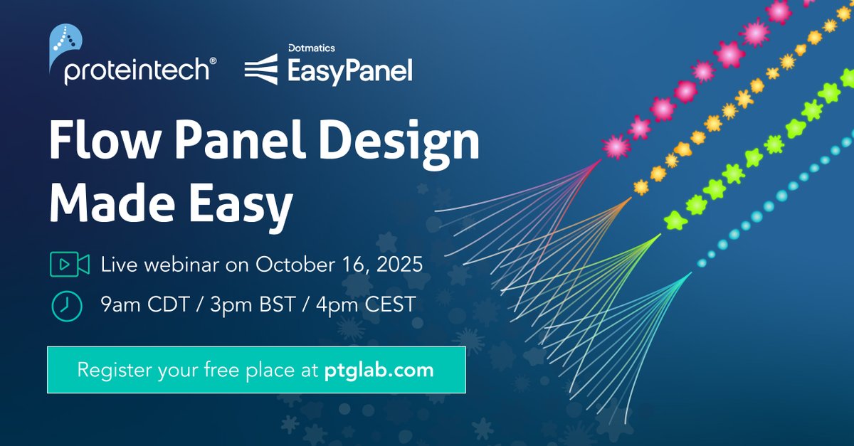 Proteintech's tweet image. Join our webinar and learn how to design large parameter flow cytometry panels.  

📅Oct 16
🕓9 am CDT | 3 pm BST | 4 pm CEST

🔗Register now: 
ow.ly/Ji8y50X280g 

#FlowCytometry #PanelDesign #ProteintechEvents