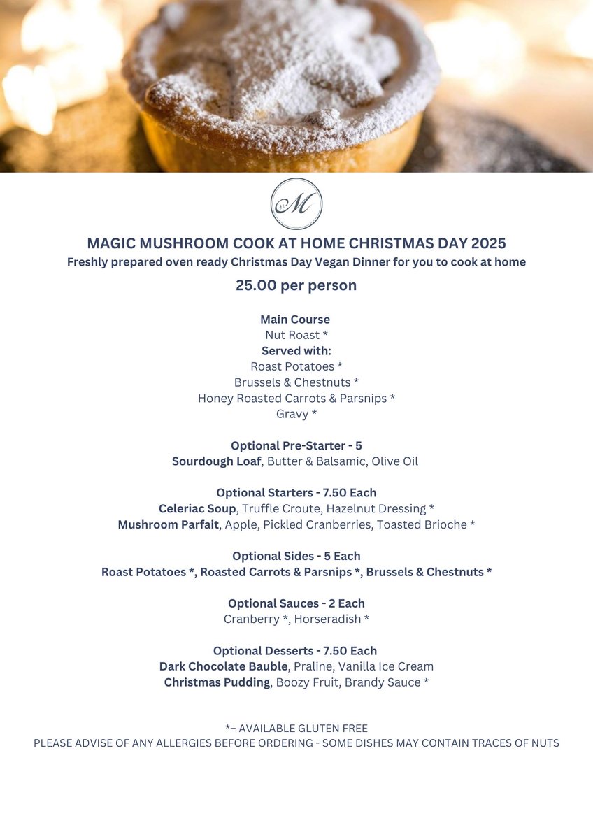 MMRestaurant's tweet photo. Our MAGIC MUSHROOM COOK AT HOME CHRISTMAS DAY MENUS are always popular!

A freshly prepared, oven ready Christmas Day Dinner for you to cook at home.

AVAILABLE TO COLLECT BETWEEN 9.30AM – 11.30AM ON WEDNESDAY 24 DECEMBER 2025

£25.00 per person

To order Tel: 01268 289963. https://t.co/gBU4FloSsO