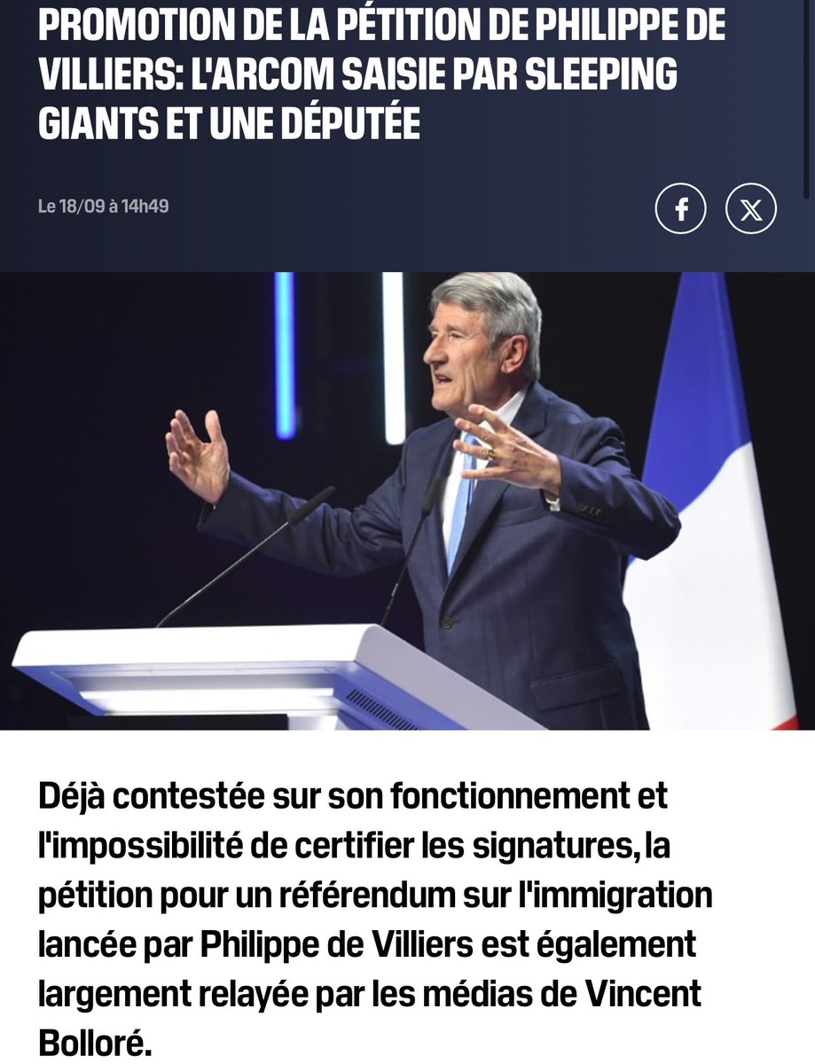 🔴 PÉTITION de Philippe de Villiers sur l'immigration 🇫🇷 ✍️  ||  L’ARCOM saisie par Sleeping Giants et la députée NFP, Sophie Taillé-Polian.  
👉 Il va falloir muscler le jeu à droite car ils ne lâcheront rien de l’autre côté.