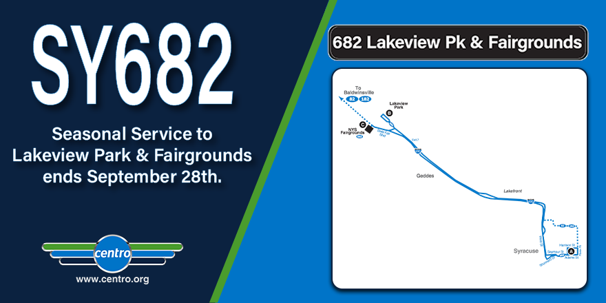 GoCentroBus's tweet photo. REMINDER: Sy 682 Seasonal Service Ends 9/28/25
Centro’s seasonal weekend bus service to Lakeview Park and the NYS Fairgrounds via the Sy 682 route ends on September 28th, 2025.
Thank you for another successful season! #GoCentroBus #nysfairgrounds #empowerfcuamp #seasonalservice https://t.co/q2yDyjBLzo