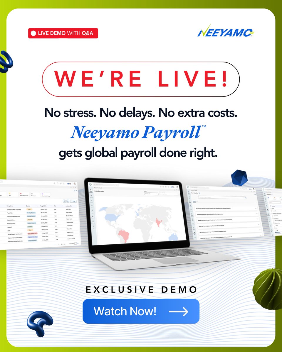 Neeyamo's tweet image. We&apos;re Live and ready to transform your payroll game! 
Discover how Neeyamo Payroll™ makes managing global payroll a breeze.

Join us here: hubs.ly/Q03K-j8z0

#GlobalPayroll #LiveDemo #WithNeeyamo