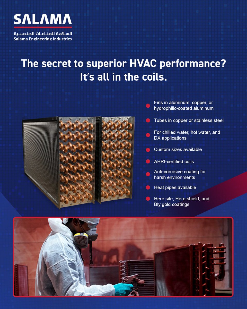 SEngIndustries's tweet image. &quot;The secret behind superior HVAC performance? It’s all in the coils. ❄️🔧
 Crafted with precision to deliver efficiency, durability, and consistent results.&quot;
#SalamaEngineering #HVACSolutions #CoolingSystems #EngineeringExcellence #HVACPerformance #IndustrialCooling #BuiltToLast