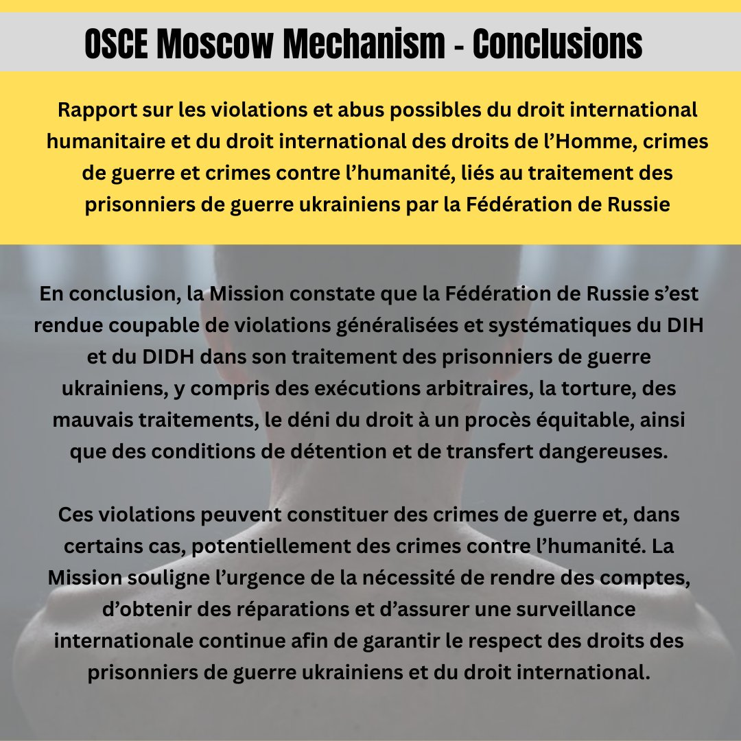 Canada OSCE (@canadaosce) on Twitter photo Le rapport du mécanisme de Moscou de l'#OSCE sur le traitement des prisonniers de guerre ukrainiens par la Russie est publié. Le rapport du mécanisme de Moscou de l'#OSCE sur le traitement des prisonniers de guerre ukrainiens par la Russie est publié.