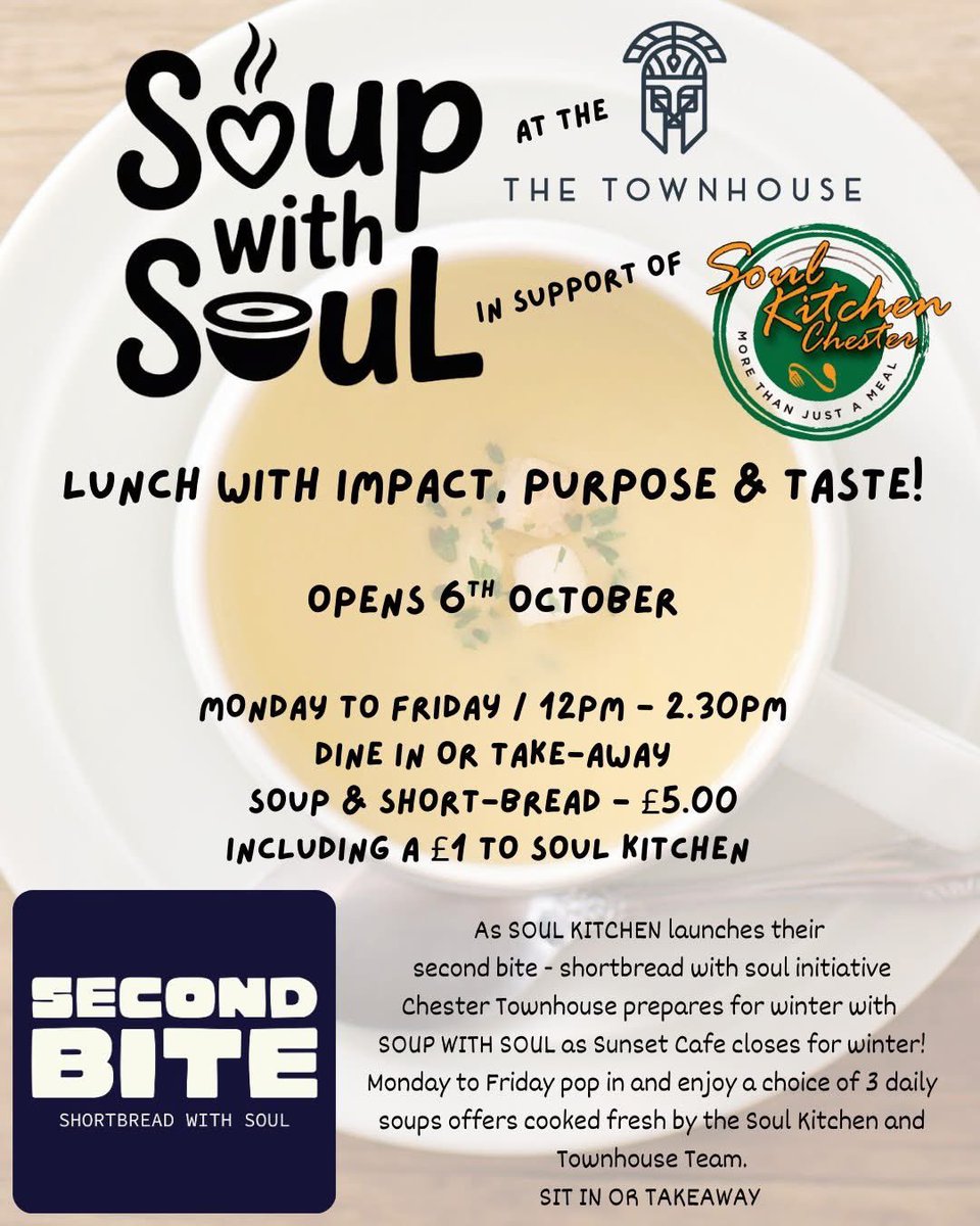 We’re delighted to announce our next collaboration with The Chester Townhouse - Soup with Soul! 

From 6 October, as Sunset Café closes for the winter, we will be offering 
Mon to Fri  
12pm – 2:30pm
Dine in or take-away
Soup &amp; Shortbread with Soul please support us !