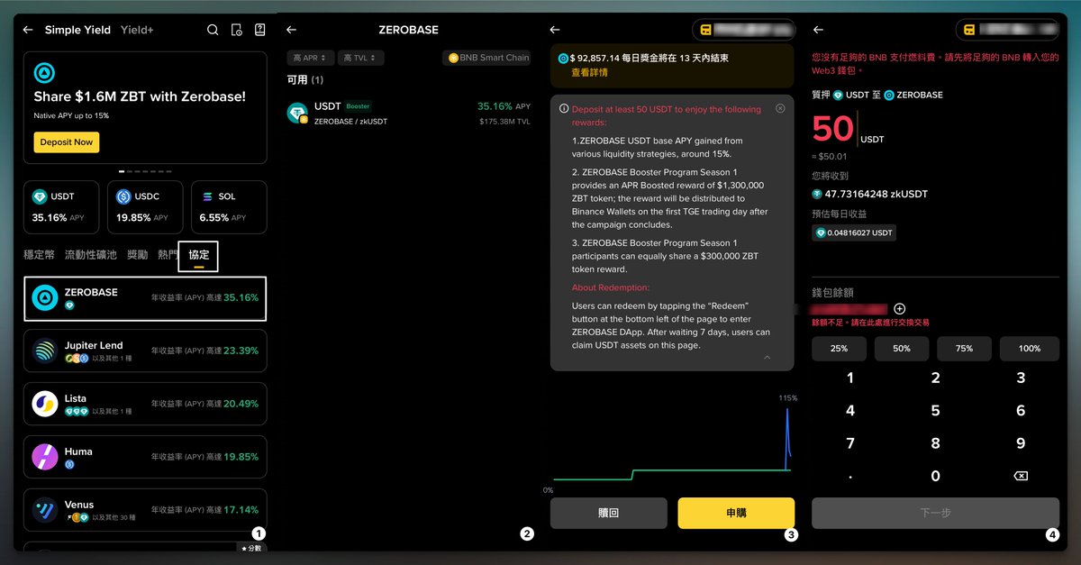 ⌠ Zerobase x 幣安錢包理財局⌡
​
理財理財理財，這個週期幾乎全是各種理財機會，不過大多數都是大資金爽局（剛剛 Plasma 有打的爽暈過去了），這時候有項目方聽到大家的心聲了，我也覺得是蠻值得注意的活動，是來自 <a href="/zerobasezk/">ZEROBASE</a>  和 <a href="/BinanceWallet/">Binance Wallet</a>  的合作。他們搞了一個 Booster Program