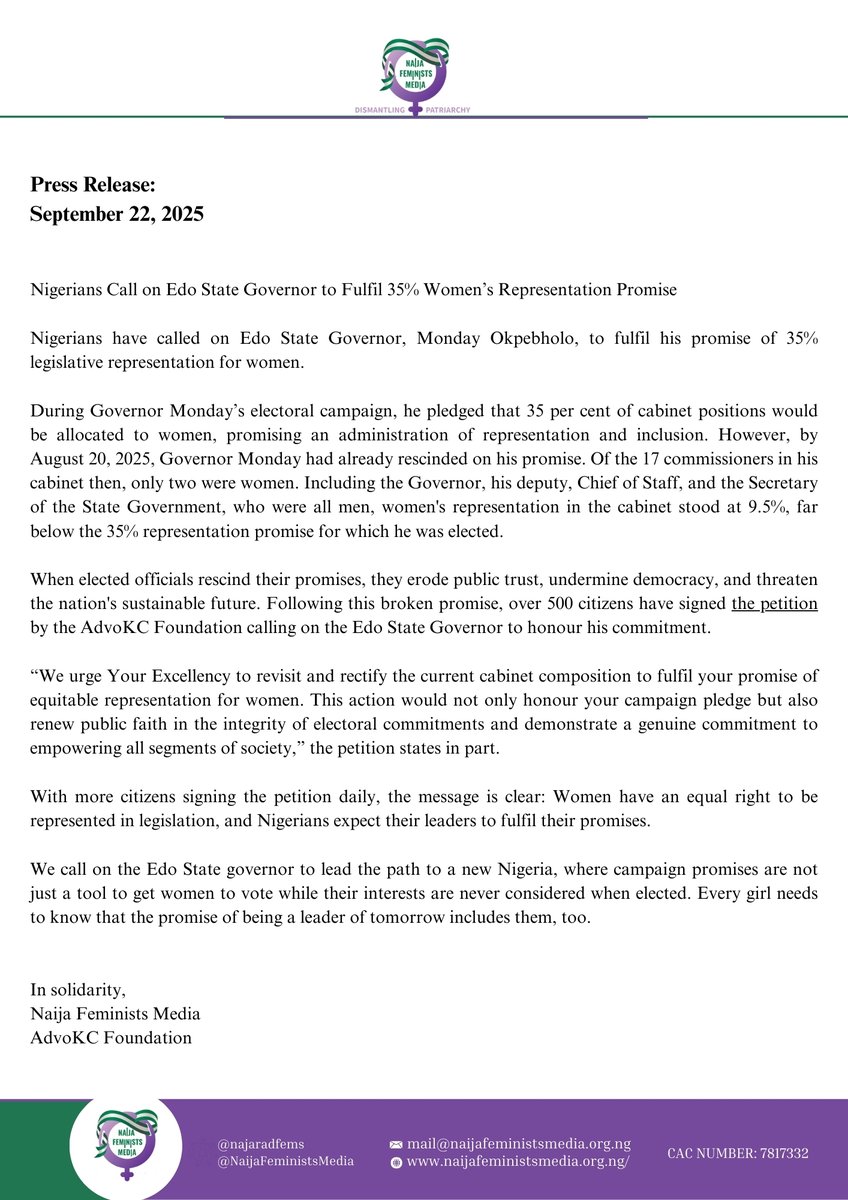 NFM News (@nfmedianews) on Twitter photo When legislative promises to women are broken, half of the nation is excluded from representation and sustainable democracy. 
With over 500 petition signed, Nigerians are calling on Edo State Governor, Monday Okpebholo, to fulfil the 35% women-inclusion promise. When legislative promises to women are broken, half of the nation is excluded from representation and sustainable democracy. 
With over 500 petition signed, Nigerians are calling on Edo State Governor, Monday Okpebholo, to fulfil the 35% women-inclusion promise.