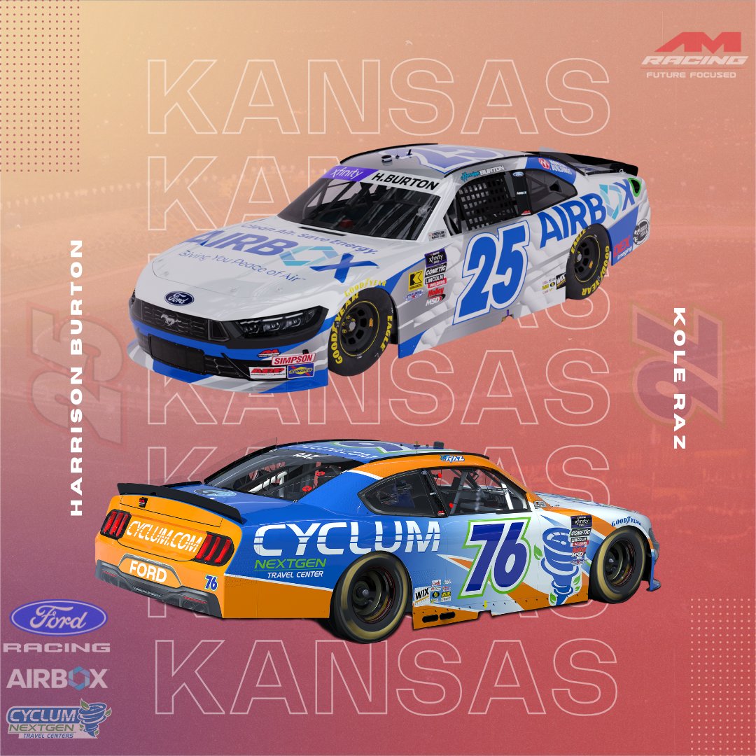 🚨Livery Alert🚨

Rolling into <a href="/kansasspeedway/">Kansas Speedway</a> with some familiar schemes! 

<a href="/HBurtonRacing/">Harrison Burton</a> | <a href="/airboxpurifier/">AIRBOX™</a> 

<a href="/KoleRaz27/">Kole Raz</a> | <a href="/CyclumNextGen/">Cyclum NextGen Travel Centers</a> 

<a href="/FordRacing/">Ford Racing</a> | <a href="/roushyates/">Roush Yates Engines</a> | <a href="/XfinityRacing/">Xfinity Racing</a> | <a href="/TheCW_Sports/">The CW Sports</a> | <a href="/deximaging/">DEX Imaging</a> | <a href="/deadontools/">Dead On Tools</a> | <a href="/MortonBuildings/">Morton Buildings</a>