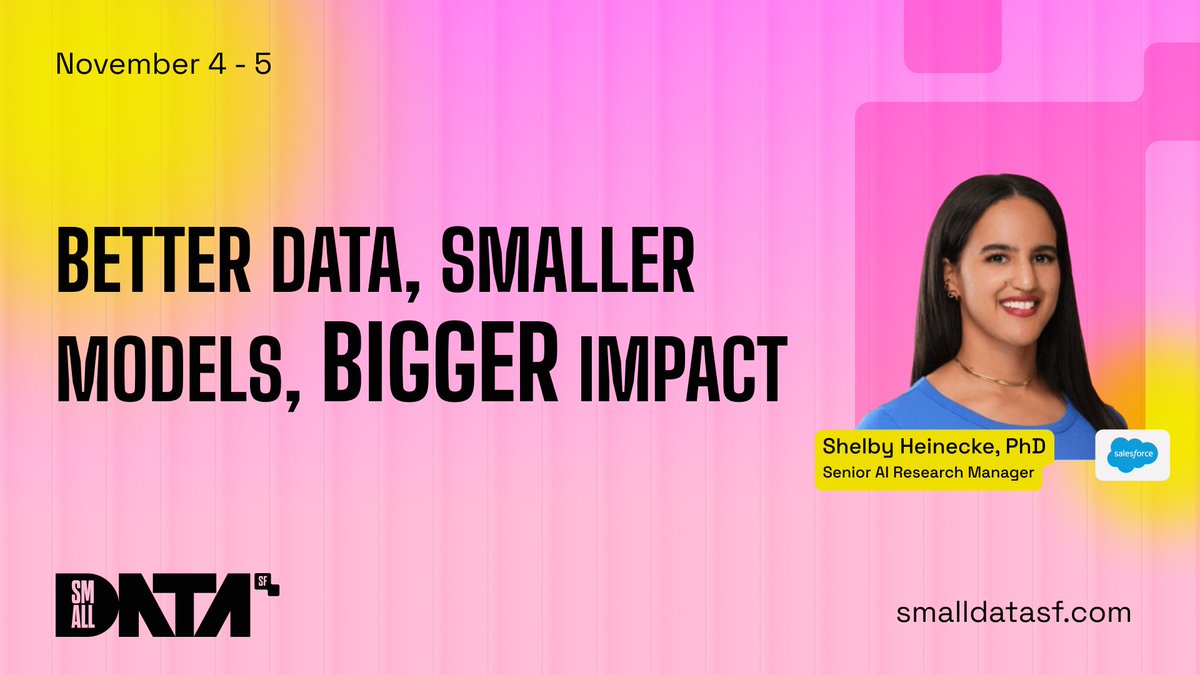 motherduck's tweet image. What if instead of chasing larger models, we chased smarter ones—models that do more with less, generalize better, and are easier to deploy? Shelby Heinecke will share what &quot;smaller models&quot; truly mean and how they unlock impact in real settings.

If you&apos;re building AI and worried…
