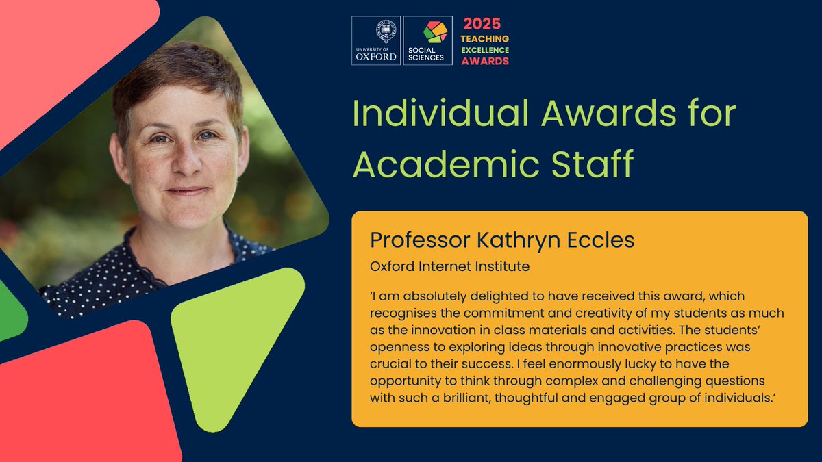 oxsocsci's tweet image. 👏Congratulations to Prof @KathrynEccles  @oiioxford  on her #TeachingExcellence Award!

Her innovation, design and delivery of the Cultural Analytics course has led to a large increase in the course's popularity!

socsci.ox.ac.uk/article/winner…