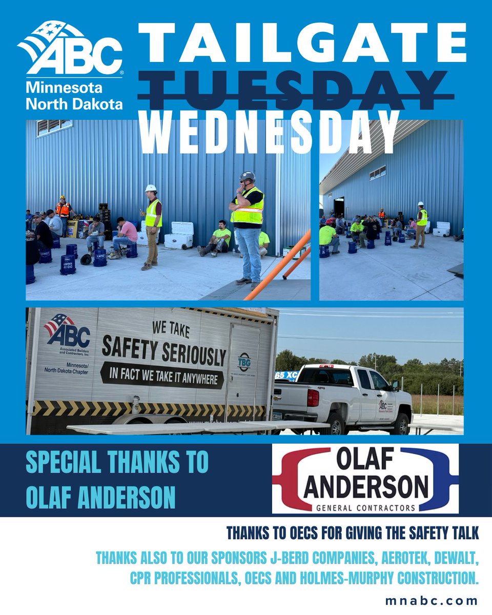 Safety with a side of mustard. At Olaf Anderson’s Detroit Lakes Addition, Brian Lauwers broke down Slips, Trips &amp; Falls + Housekeeping at Tailgate Tuesday (on a Wednesday!). Hot dogs eaten. Hazards reduced. #ABCMNND #TailgateTuesday #ABCMeritShopProud <a href="/oecscomply/">OECS - Workplace Safety Experts</a> @DEWALT