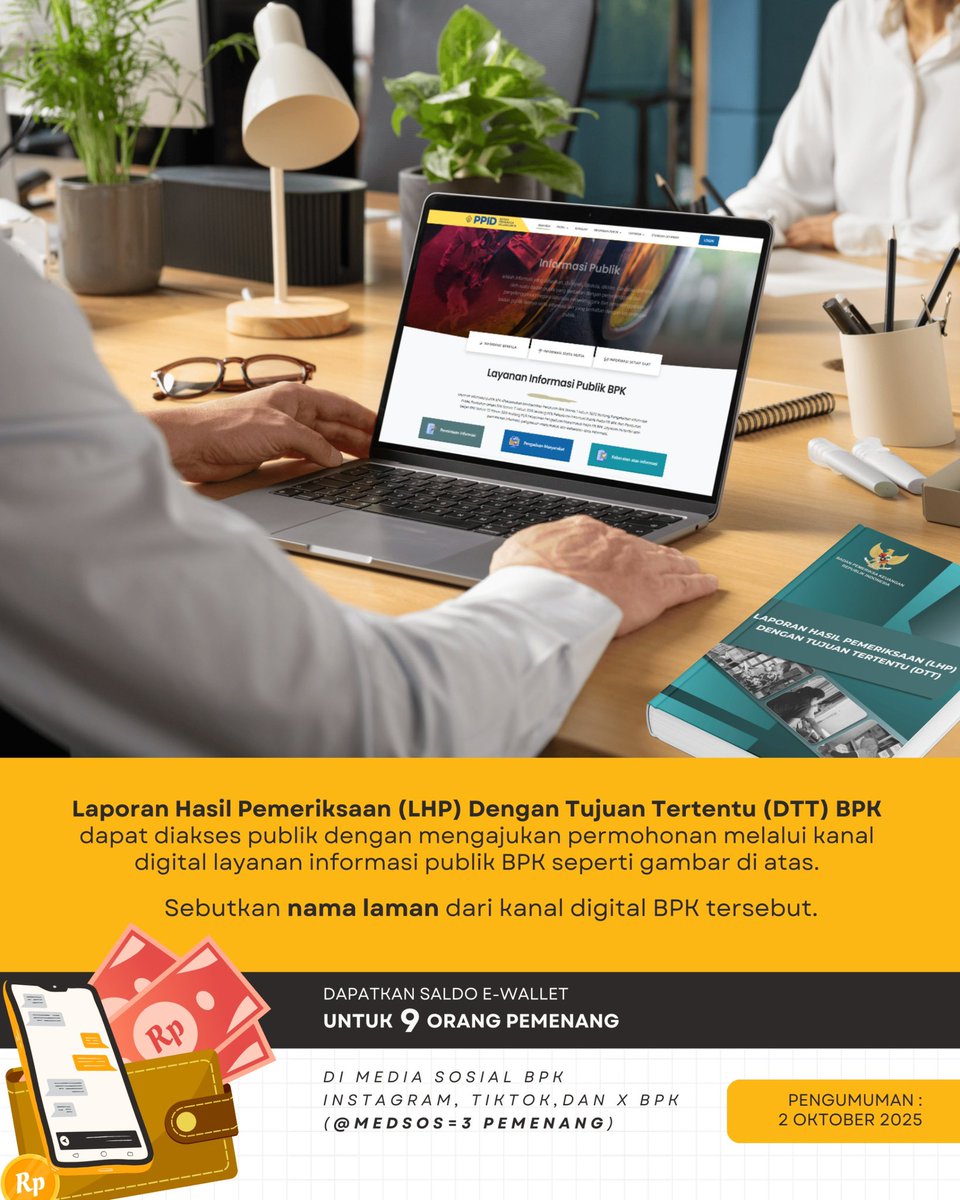 BPKawan.. KuisBPKamis hadir kembali. Yuk ikuti edisi bulan September 2025, cek persyaratannya ya:

1. Follow akun X BPK RI (<a href="/bpkri/">BPK RI</a>)
2. Tulis jawaban kamu di kolom komentar, tag 3 temanmu yang belum follow akun BPK dan tambahkan hashtag #kuisbpkamis dan #lhpdtt;