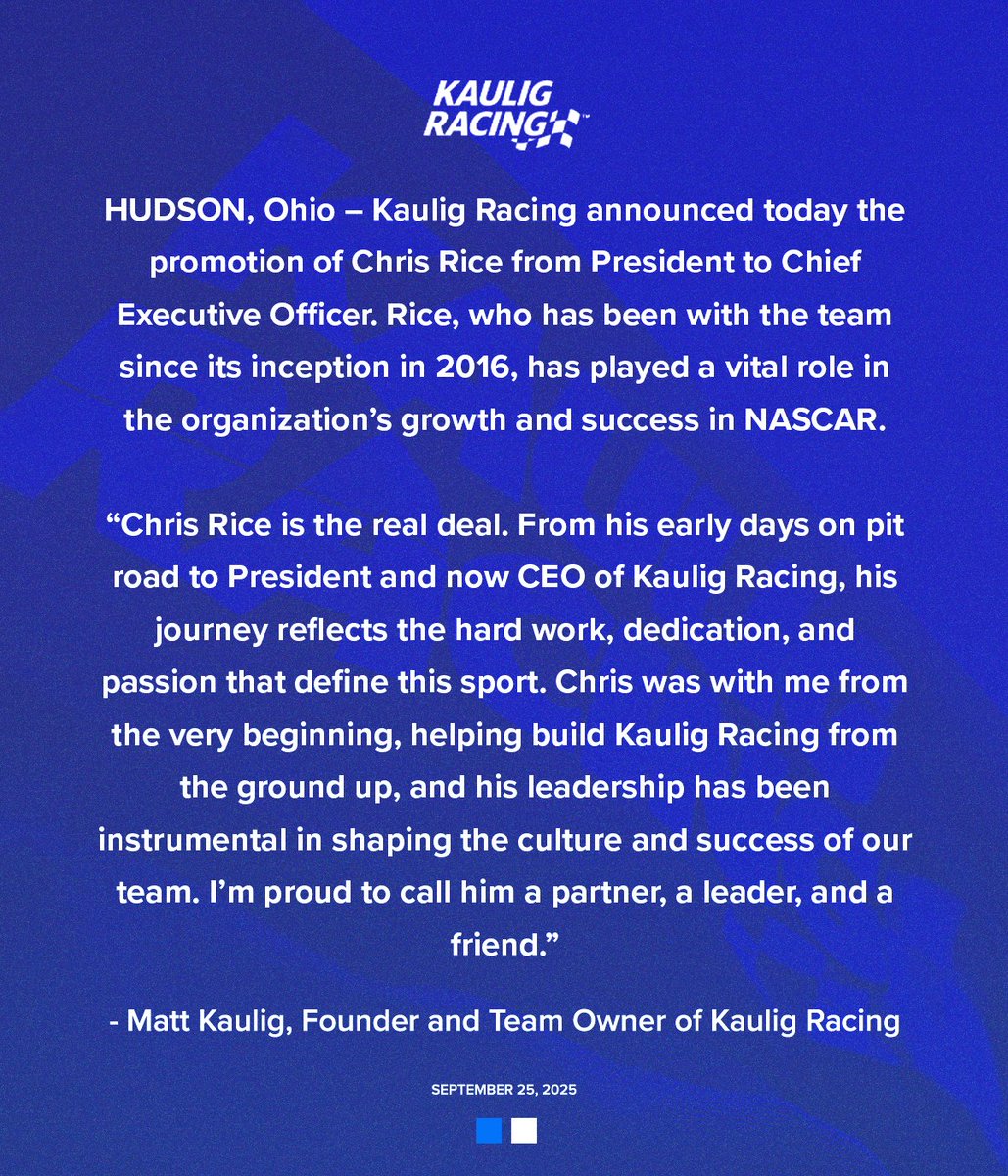 NEWS: Chris Rice promoted to Chief Executive Officer of Kaulig Racing

📝: kauligracing.com/news/matt-kaul…