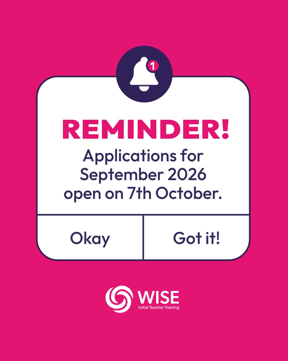 Save the Date!🚨

Applications for teacher training with WISE ITT open on Tuesday, 7th October 2025.

Kickstart your journey with a programme designed to set you up for success. Don’t forget to mark your calendar and learn more here: wiseacademies.co.uk/wise-itt
