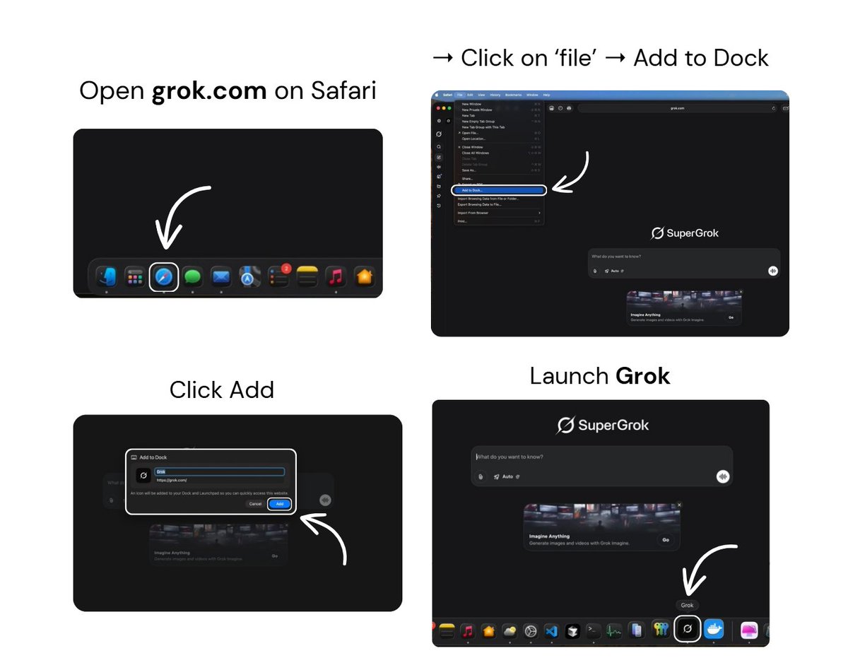 Here’s how to use Grok as an app with just one click on your MacBook

no need to open Safari every time to use Grok

The easiest way to install Grok as a web app:

➝ Go to grok .com in Safari
➝ Click File &gt; Add to Dock…
➝ Name your web app (it’s usually auto-filled)
➝ Click