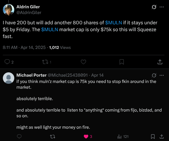 Surely someone who keeps getting it this wrong for this long can't be legit. The $2 "bottom" for $BINI $MULN that <a href="/AldrinGiler/">Aldrin Giler</a> called back in April is $12,500,000 today after 3 more RS, and he *still* doesn't know how to correctly calculate market cap🤦‍♂️
x.com/AldrinGiler/st…