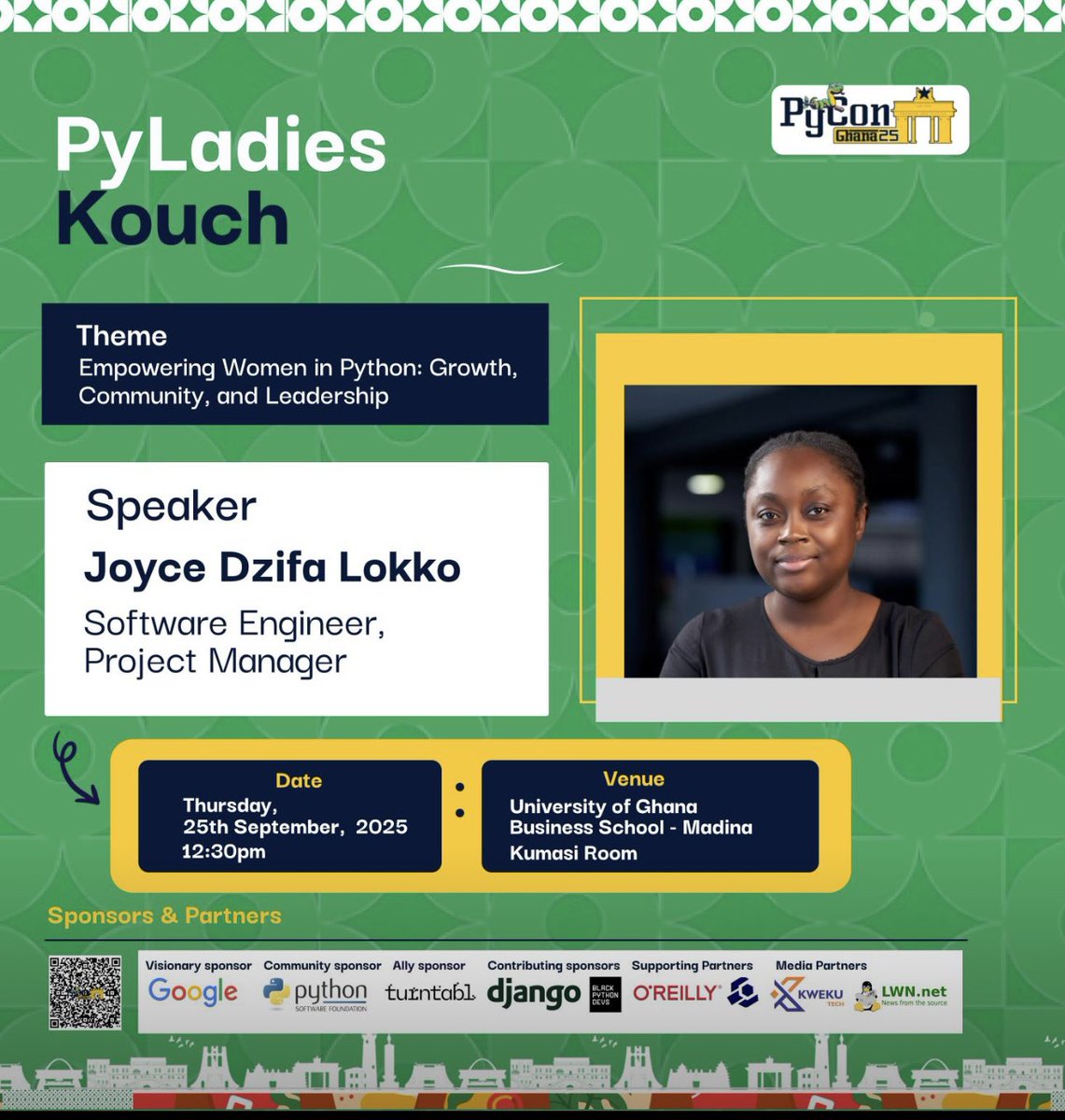 DzifaLokko's tweet image. I just finished speaking at a panel discussion on the #PyladiesKouch session at #PythonGhana2025 conference.
I shared my introduction into tech as well as the long terms plans we here at Pyladies Ghana have for the community.