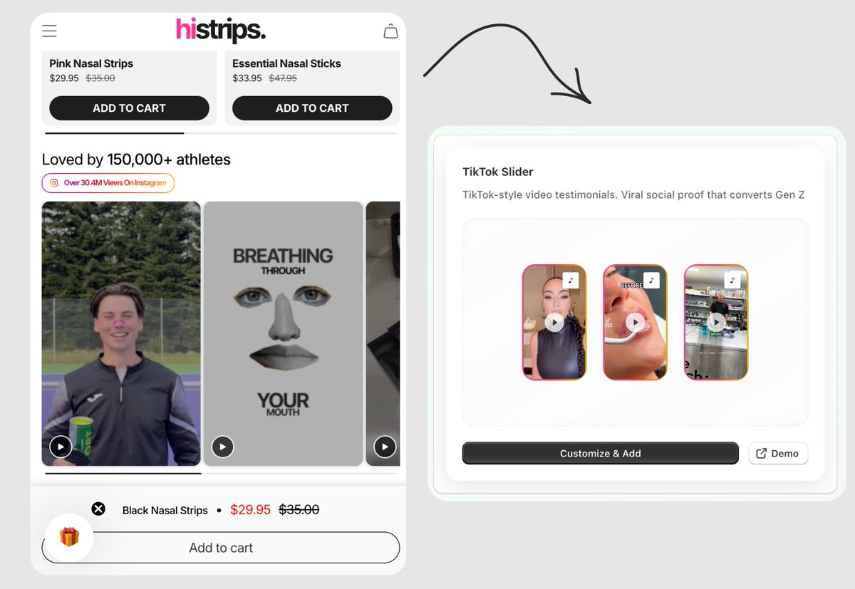 HiStrips added a video slider to their store. I heard they worked with the best agencies — and it cost them a fortune.

But you can add it to your own store in just a few minutes:

Go to SCKit Section Library > Select “TikTok Slider” section > Customize &amp; Add