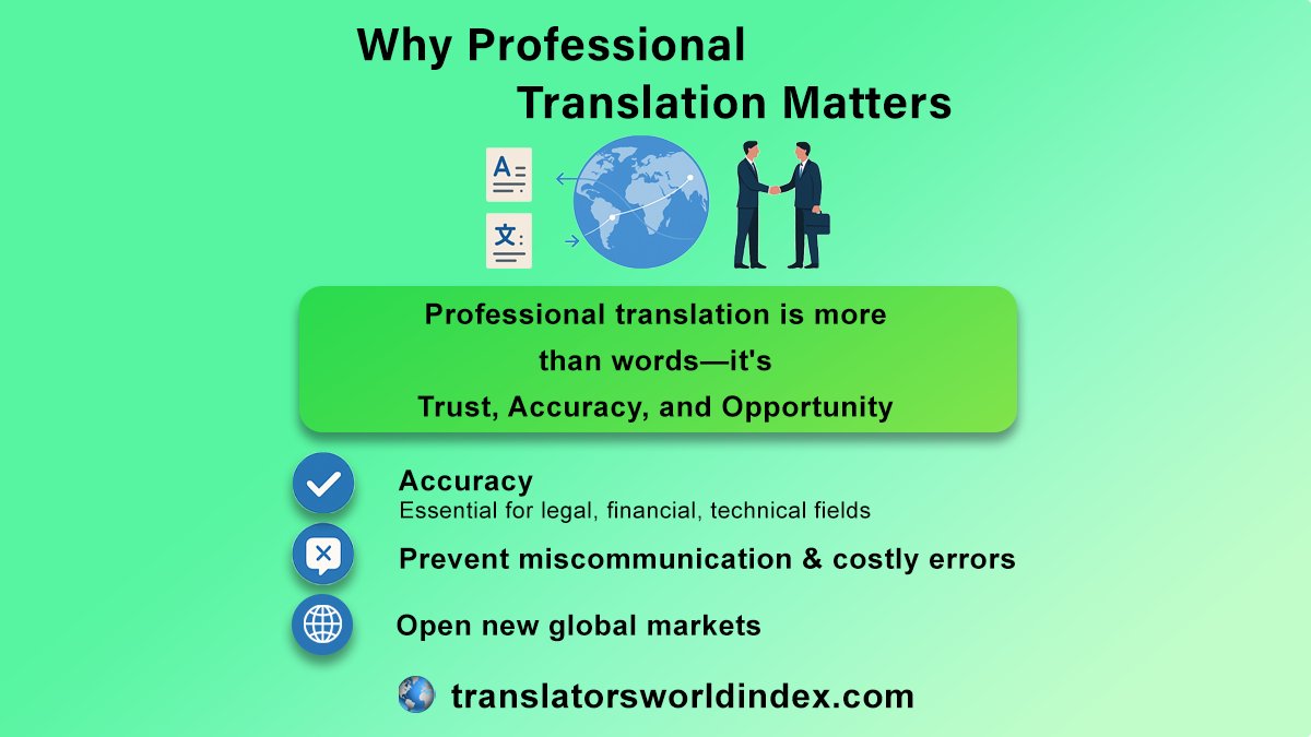 TranslatorsWI's tweet image. Professional translation unlocks new markets, builds cross-border trust, and prevents costly miscommunications.
💼Accuracy is essential in legal, financial &amp;amp; technical fields—minor errors can mean major risks.
translatorsworldindex.com connects you with Qualified experts worldwide.