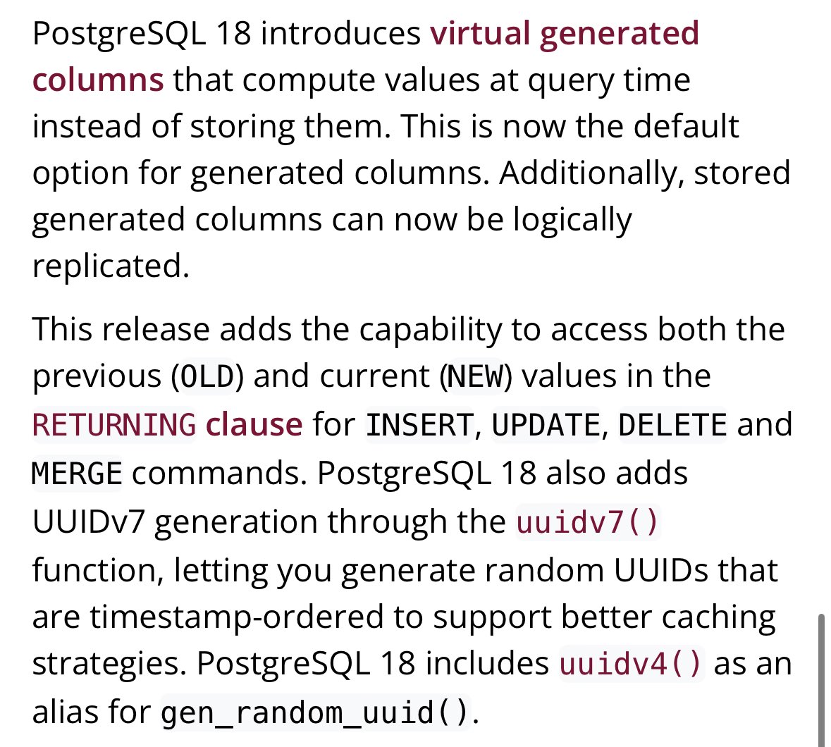 mitsuhiko's tweet image. I love the changes to RETURNING in Postgres 18 and virtual columns. Good release.