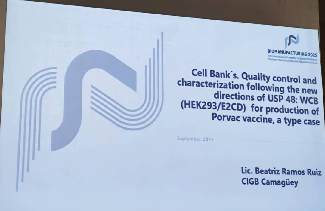 CigbCmg's tweet photo. ✅ Resultados científicos avalan la calidad de la vacuna cubana #Porvac. La Lic. Beatriz Ramos Ruiz (@CigbCmg) presentó en #Biomanufacturing2025 el control del banco de células. Un logro que asegura la eficacia de la vacuna para proteger la sanidad animal en #Cuba. https://t.co/rVJO7Q8wJO