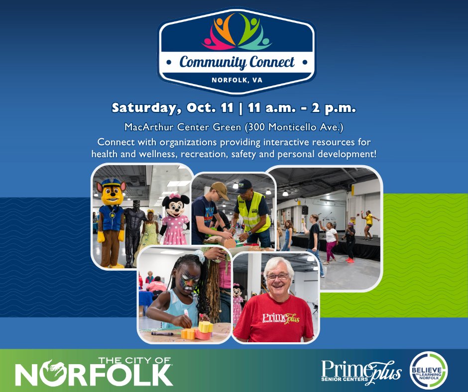 NorfolkVA's tweet image. It&apos;s back for the fifth year! Connect with community organizations &amp;amp; vendors providing interactive resources on health &amp;amp; wellness, everyday living community engagement opportunities &amp;amp; so much more. #CommunityConnect

📆 Saturday, Oct. 11
⏰ 11AM - 2PM
📍 @macarthurcenter Green