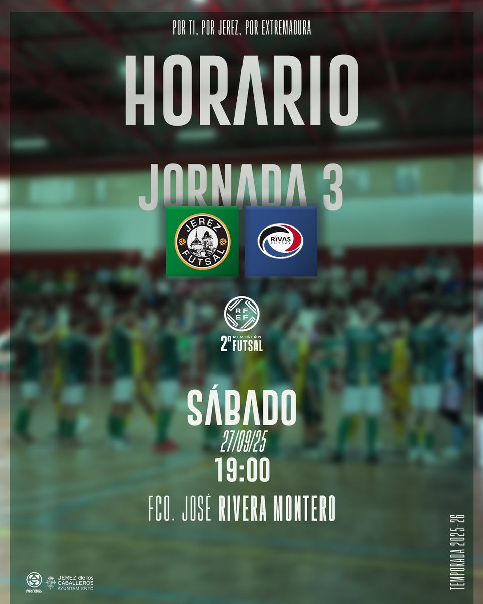 💚 El Fco. José Rivera vuelve a vivir una tarde de futsal💥.
🏆 𝟮ª𝐁 - 𝐉𝟯
⚡ 𝐉𝐞𝐫𝐞𝐳 𝐅𝐮𝐭𝐒𝐚𝐥 🆚 𝐑𝐢𝐯𝐚𝐬 𝐅𝐮𝐭𝐒𝐚𝐥
🏟️ 𝐏𝐚𝐛 𝐅𝐜𝐨 𝐉𝐨𝐬𝐞 𝐑𝐢𝐯𝐞𝐫𝐚
📅 𝐒𝐚́𝐛 𝟮𝟳 ⏰ 𝟭𝟵:𝟬𝟬𝐡

📲 #Im_back2ªB
💪 #TuEntregaMiPasion
🔗 #JerezFutSal💚