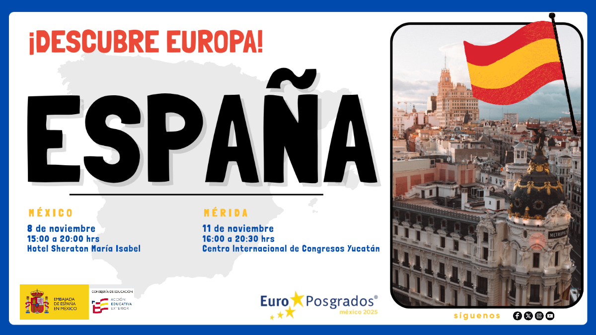 consejeriaedumx's tweet image. ✨¿Quieres estudiar un posgrado en Europa?

¡España te espera en @EuroPosgradosmx 2025!
🎓Maestrías y doctorados
📋Requisitos, becas y oportunidades

 ¡Estudia en España y explora Europa! 🌍🇪🇸
Regístrate:🔗europosgrados.org

 #EstudiaEnEspaña #ViveEspaña #EuroPosgrados2025