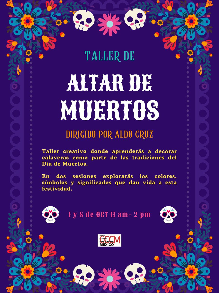 CCCMLA's tweet image. 💀¡Celebra el Día de Muertos con arte y tradición!

El artista oaxaqueño Aldo Cruz impartirá dos talleres para decorar calaveritas ¡Descubre los símbolos detrás de esta gran tradición!

📅 1 y 8 de octubre
🔗 Día 1 bit.ly/42eTfR0 | Día 2 bit.ly/3IFl6TD