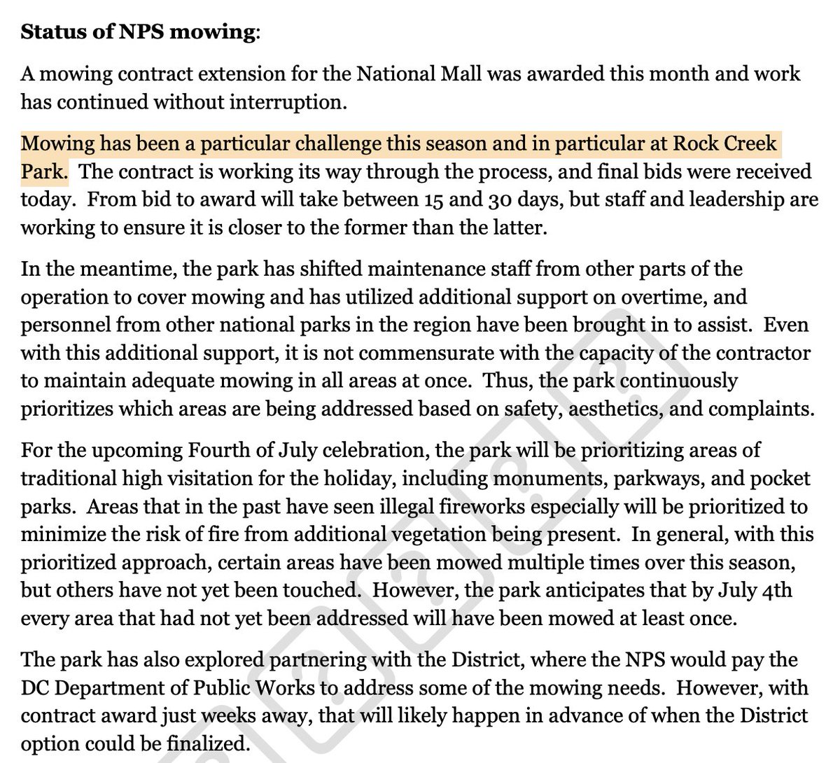 If you thought that Rock Creek Park was getting less mowing than usual during the spring and summer, you were right. In late June <a href="/MayorBowser/">Mayor Muriel Bowser</a> raised the issue with federal officials, who confirmed that "mowing has been a particular challenge this season."