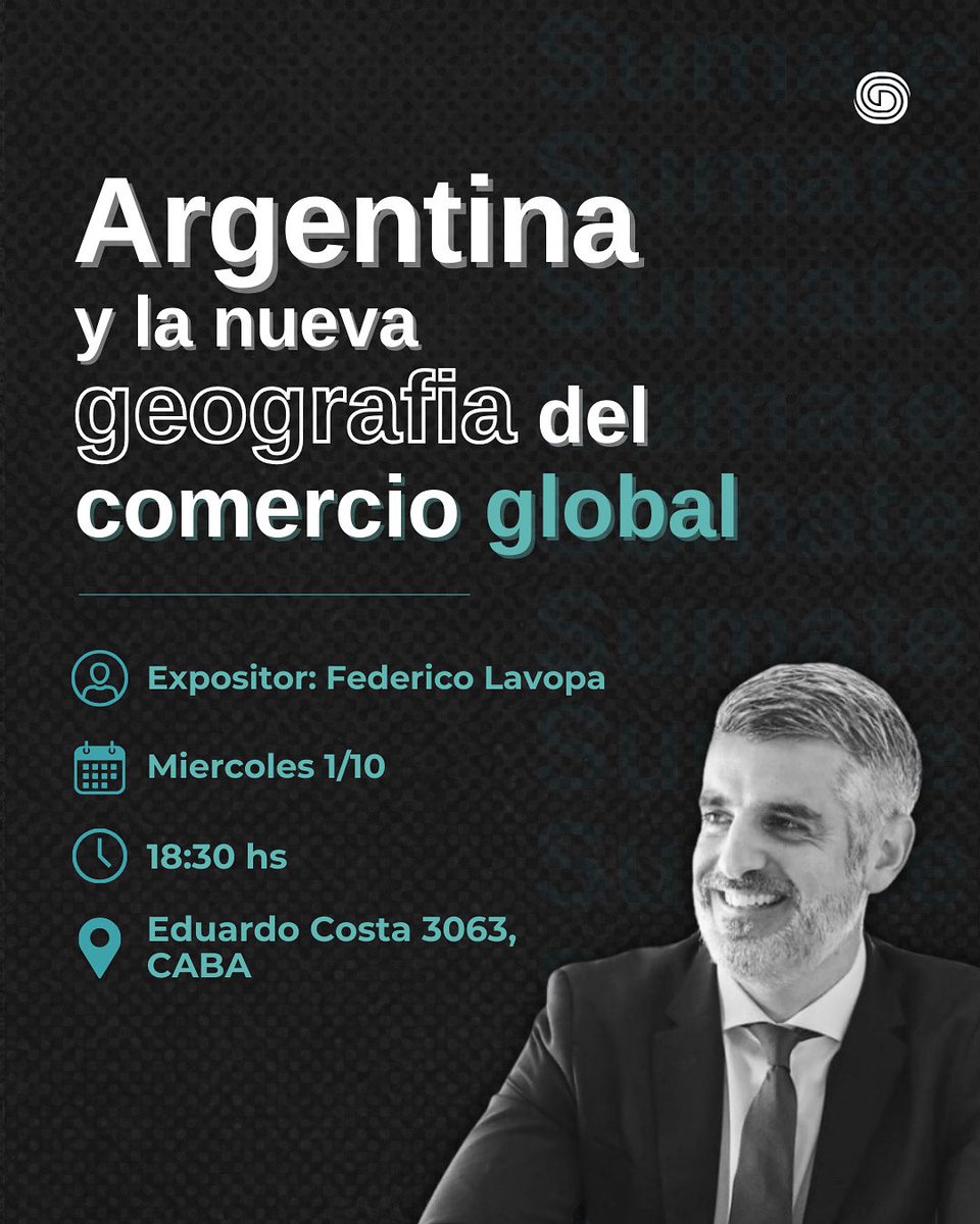 Este Miercoles 1/10 Federico Lavopa nos va a hablar sobre Argentina y la nueva geografía del comercio global
¡Cupos limitados!

🙌🏼 ¡No te lo podés perder!