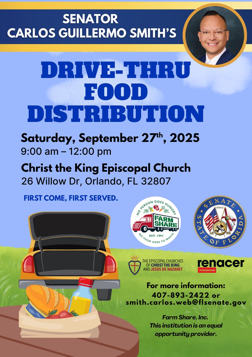 THIS SATURDAY: We're teaming up with <a href="/FarmShareFL/">Farm Share, Inc.</a> and Renacer Foundation to help feed Orlando one family at a time! Tell your friends and neighbors about our community food distribution to ensure no food goes to waste. First come, first served. 😋🚗🍗🍞