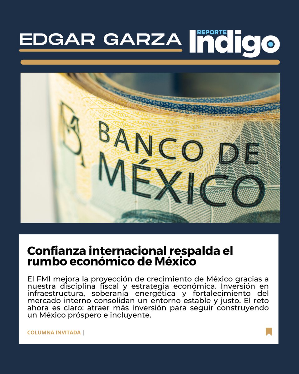 El crecimiento económico no ocurre por casualidad, es resultado de decisiones firmes y una visión clara de país.

El FMI ha mejorado la proyección de crecimiento para México, reconociendo nuestra estabilidad, disciplina fiscal y apuesta por la inversión productiva.

En mi nueva